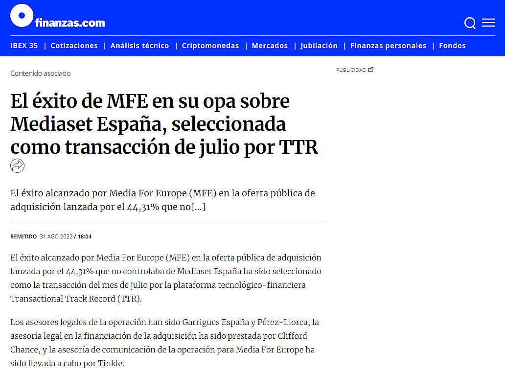 El xito de MFE en su opa sobre Mediaset Espaa, seleccionada como transaccin de julio por TTR